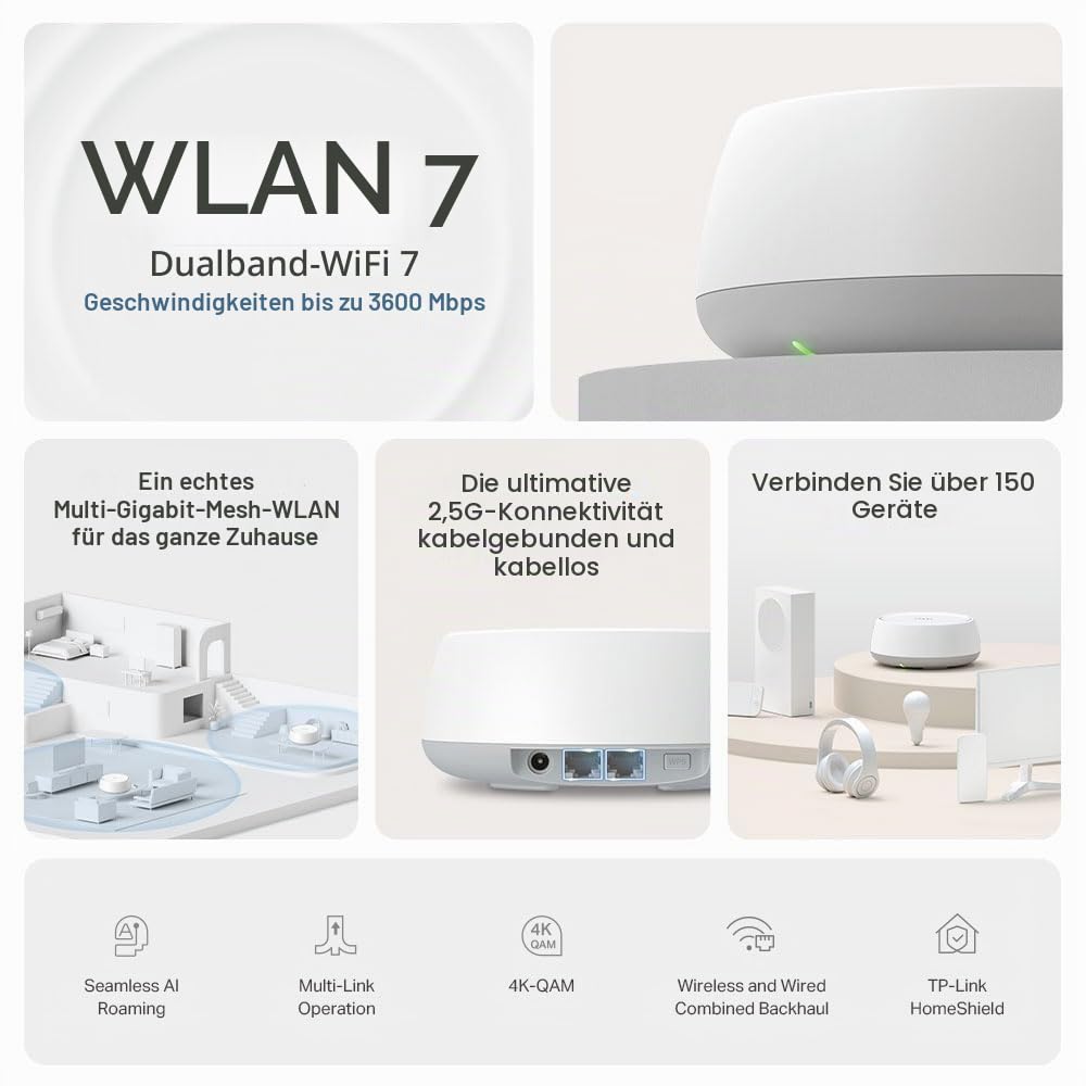 TP-Link Deco BE25 WiFi 7 Mesh WiFi (3 pezzi), BE3600 Dual Band, 2 porte da 2,5 Gbps per ogni unità, WPA3, 4 streams, canali 160 MHz, rete ospiti, HomeShield, consigliato per case