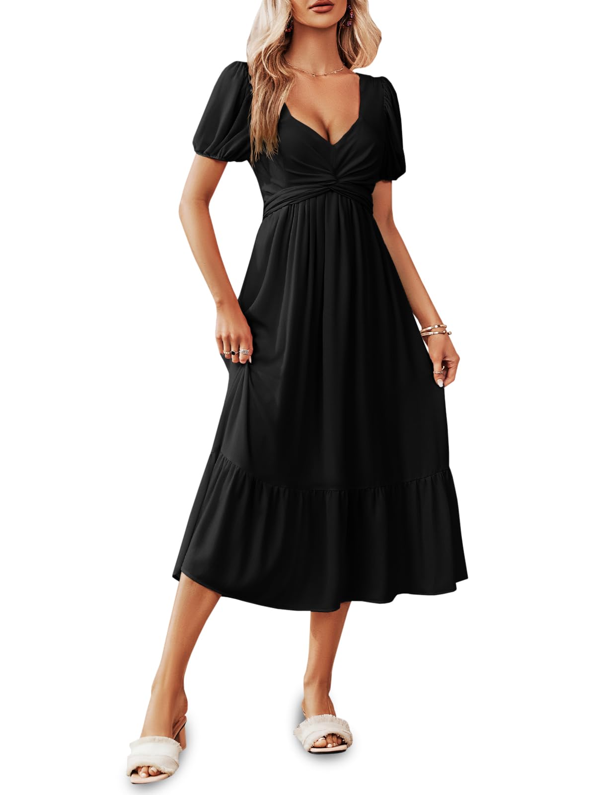 Ebifin Abito estivo casual da donna, scollo a cuore, maniche a sbuffo, volant, midi