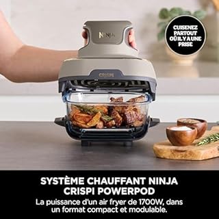 NINJA CRISPi Air Fryer Design Compact, 2 Capacités Interchangeables en Verre avec Couvercles, Capacité 3,8L ou 1,4L, 4-en-1, Pièces Amovibles lavables au lave-vaisselle, Stone/Or FN101EUSTGD