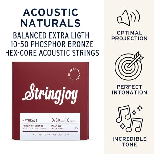 Image of Stringjoy Naturals 10-50 Balanced Extra Light Gauge guitar strings - Phosphor Bronze Acoustic Guitar Strings - Comfortable and Long-Lasting with Clear & Shimmering Tone, Acoustic 6 String Set, 2-Pack