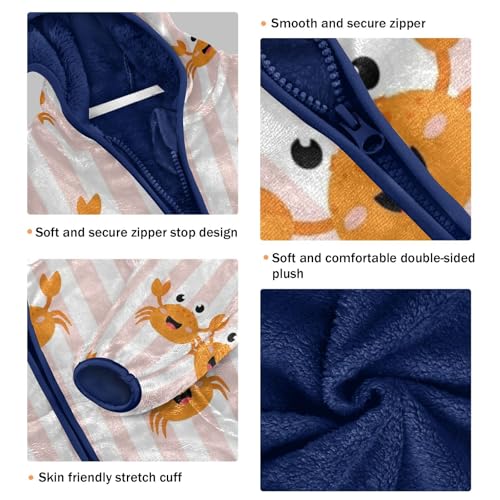 Crab Pattern on Stripes Toddler Fleece Jacket Girl Boys Hooded Fleece Jacket Coat Warm Outwear Zip-up 3-10T3
