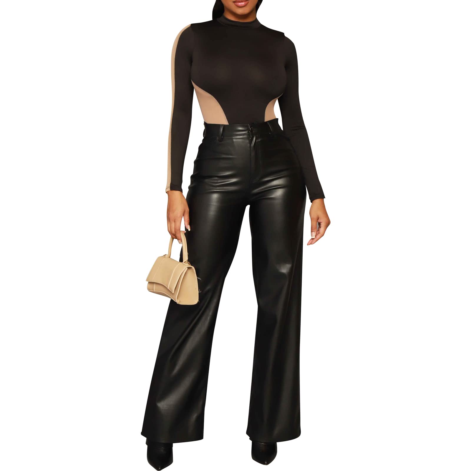hibshaby Pantalon Long Taille Haute en Cuir synthétique pour Femme, Noir Droit., Taille M