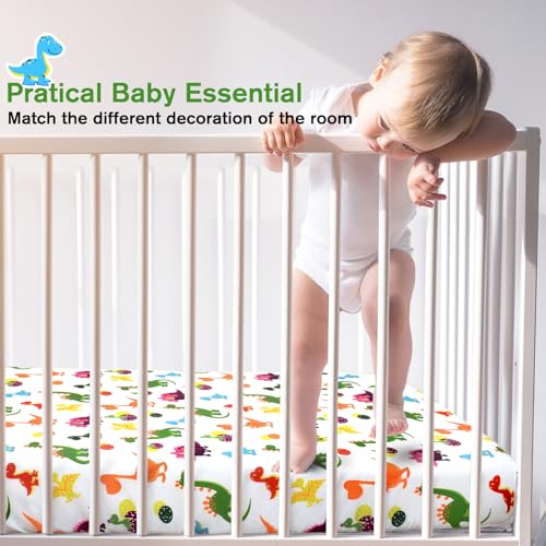 Image of JISEN Baby Crib Sheets Soft Breathable Dinosaurs Fitted Crib Sheets for Standard Crib and Toddler Mattress Baby Bed Sheets for Boys Girls Neutral 52x28 Inch