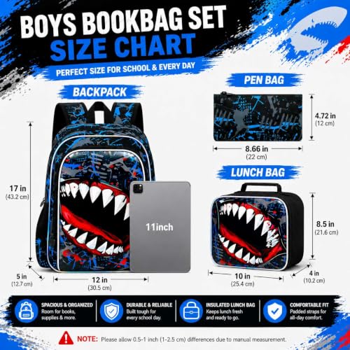 Image of 3Pcs Backpack for Boys, 17 inch Shark Kids Bookbag with Lunch Box, School Backpacks for Elementary Preschool Kindergarten (Blue)