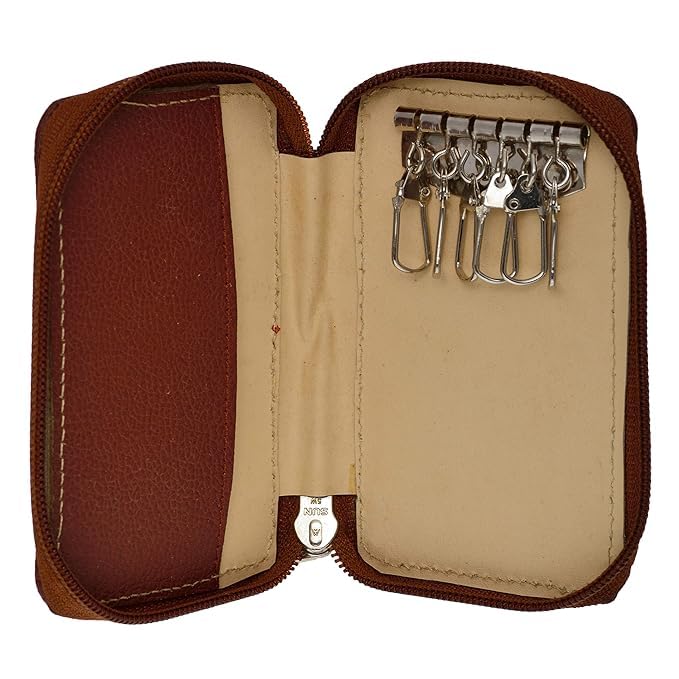 Leather Key Holder Pouch and Wallet with Zip Closure for Extra Safety,Slim Compact Key Holder with Secure Key Pouch Locking Mechanism for Men Women Small Size (Brown)-image-16