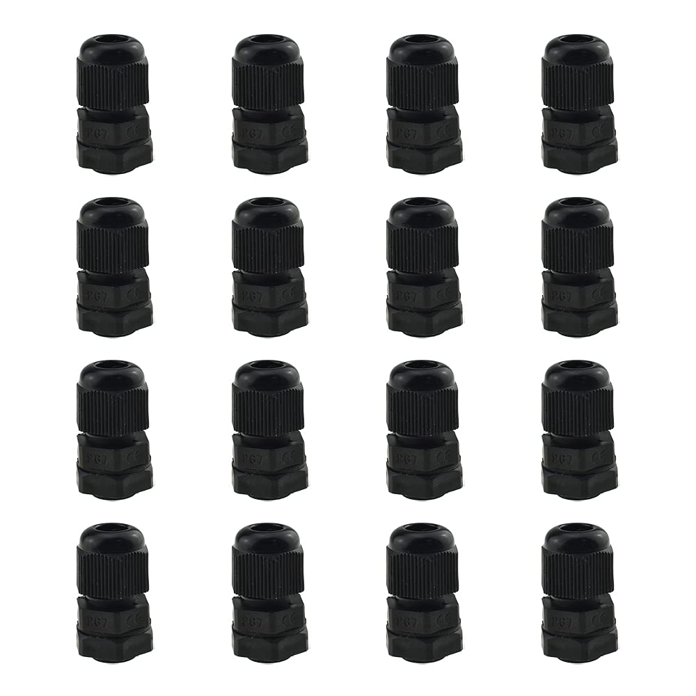 Hahiyo PG7 Nylon Cord Grip Cable Glands with Gasket Nut Securely Seal Consistent Threads Quick Install Adjustable Wire Joint Connectors Black 16 PCS for Water Tight Control Electrical Circuits Boxes