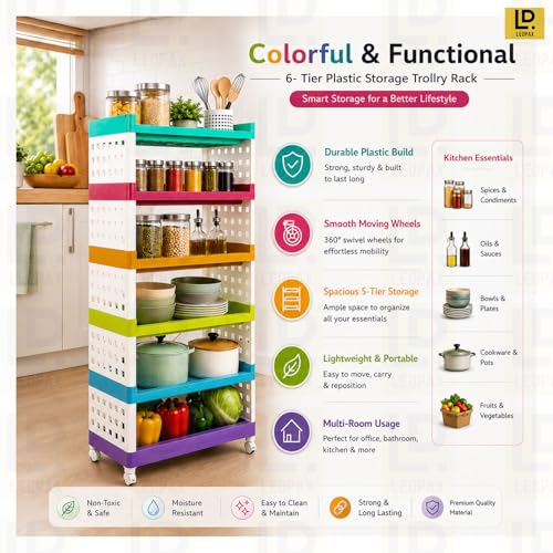 Image of LEOPAX 6 Layers Plastic Rolling Storage Rack | Multipurpose Stackable Storage Rack with Wheels for Kitchen Laundry Room Bathroom Office Home - Multicolor (50 x 30 x 117cm)