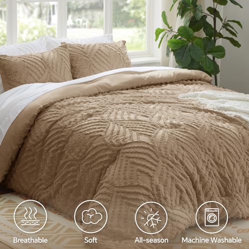 Image of BEDELITE Boho Comforter Set Queen - Tufted Boho Bedding Set, Khaki | Soft & Lightweight Comforter for All Seasons, Jacquard Farmhouse Bedding with 2 Pillowcases