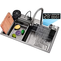 Casco Bajo Fregadero Fregadero de cocina Negro Fregadero bajo Encimera Fregadero de cascada volante Con grifo extraíble, tabla de cortar