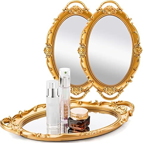 Dicunoy 3 PCS Vintage Mirror Tray, Decorative Makeup Jewelry Organizer, Vintage Oval Display Tray for Perfume, Bedroom, Living Room, Oval Antique Mirror, Cosmetic Tray, Serving Tray 25cm W x 36cm L Cover
