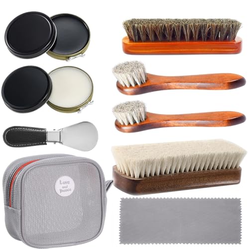 Shoe Shine Kit for both home and outdoor use ,10Pcs shoe polish kit ,4 Horsehair Shoe Brush, Black...