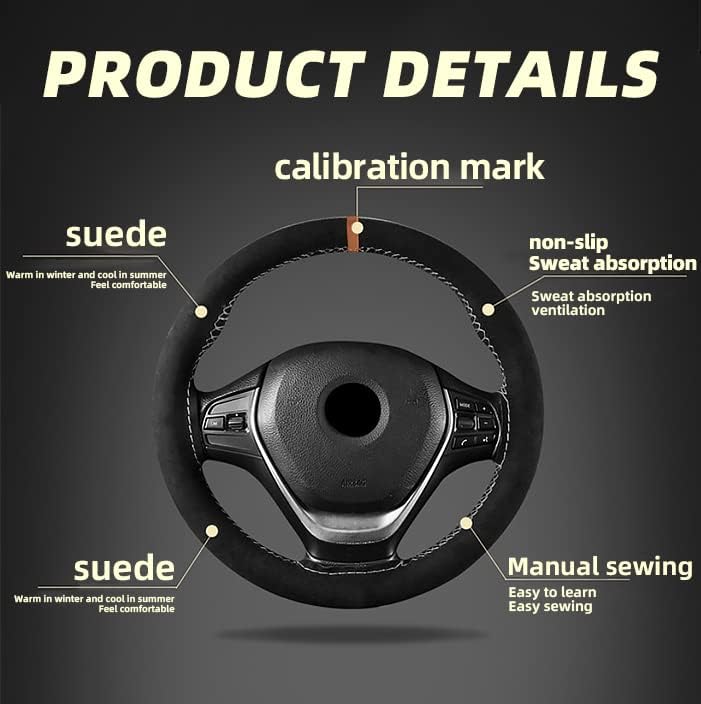 Miniatura 3 de AUCELI Funda de cuero para volante de automóvil, 38 cm, duradera, de cuero genuino, con costuras, funda envolvente, protector de volante para