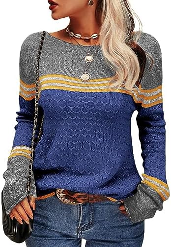 Tankaneo Damen Pullover Colorblock Langarm Rundhals Strickpullover | Langarmshirts,Häkelpullover,Gestreift,Slim Fit,Strickwaren,Tops,Casual,Sweatshirt,Obertiele,longpullover