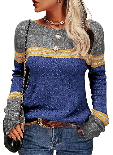 Tankaneo Damen Pullover Colorblock Langarm Rundhals Strickpullover Gestreift Slim Fit Strickwaren Tops