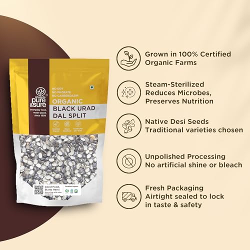 Image of Pure & Sure Organic Black Urad Split 500 gm | 100% Natural & Premium Kali Urad Dal Chilka | Rich in Protein | Unpolished & Unadulterated |