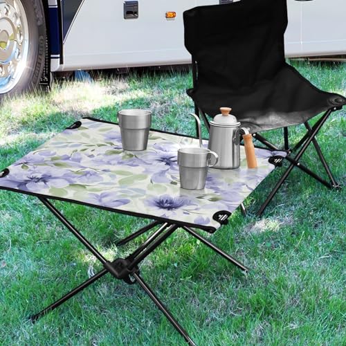 Mesa de Camping Plegable Floral Morada y Blanca para Exterior, Playa y Picnic – Mesa Lateral Portátil y Fácil de Transportar con Bolsa Duradera para BBQ y Camping miniatura 2