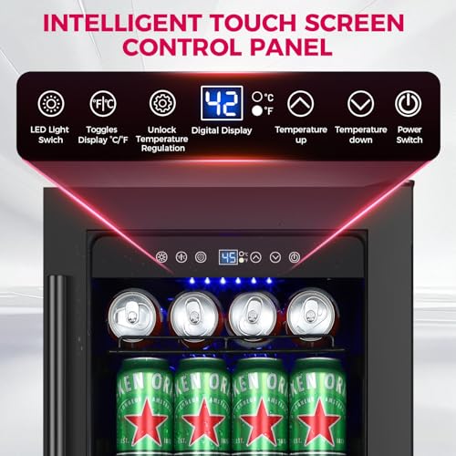 Image of 15 Inch Beverage Cooler Refrigerator, 15 inch Beverage Cooler Under Counter 130 Cans Beverage Fridge with Glass Door, Freestanding or Built-In Mini Drinks Fridge with Lock for Soda, Beer, Black