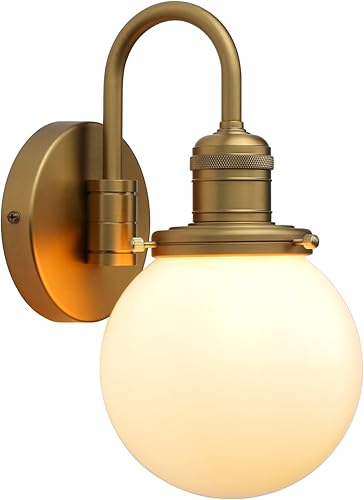 Yosoan Aplique de pared bohemio de latón con vidrio redondo de leche, 1 luz para interiores, con cableado, moderno, de lujo, vintage, con pantalla