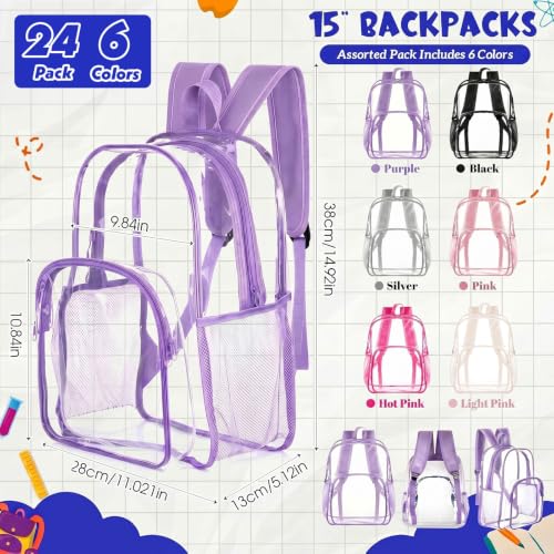 Image of Amylove 24 Pcs Clear Backpack bulk for Stadium Events Heavy Duty PVC Transparent Bookbag for College Workplace Security (15 Inches,Bright Colors)