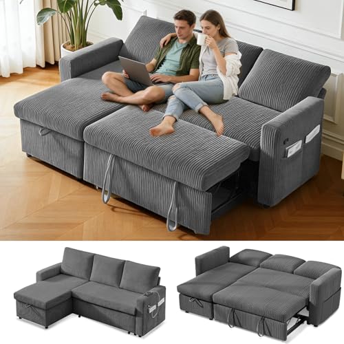 WEUP 82' L Shaped Sectional Sleeper Sofa Bed with Pull Out Bed, Sectional Sleeper Couch Pull Out Couch with Reclining Backrest/Reversible Storage Chaise/USB Ports/Tool-Free Assembly, Corduroy Grey