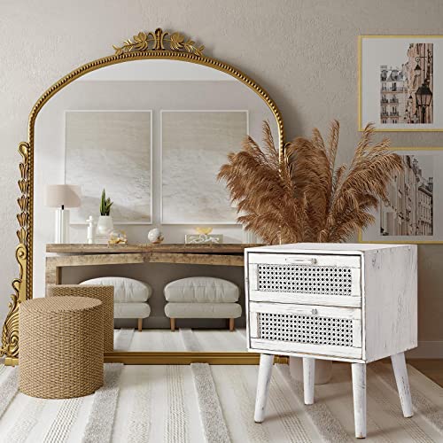 Gluriza White Nightstand With 2 Rattan Drawers: Rattan Side Table With Storage | Wood Nightstand Mid Century End Table For Bedroom Small Spaces #TOP6