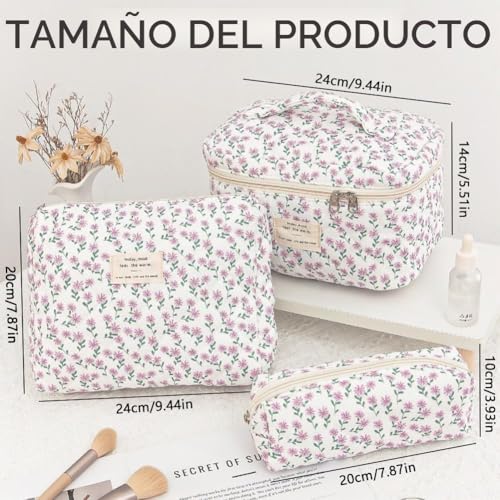 Miniatura 2 de Aucuu 3pc Bolsa De Maquillaje De Algodón, Bolsa De Cosméticos Floral, Bolsa De Cosméticos De Viaje, Para Viajar Trabajo Diario-Flor De Pavo Real Morada