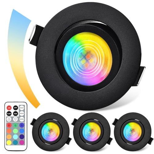 GeyouLux Foco Empotrable LED Regulable RGB, Foco LED 230V 3CCT Aluminio, IP44 5W 68mm Luminarias Empotrables, 38°+ 45°Orientables, Focos de Techo Negros con Mando a Distancia IR para Baño, 4 Packs