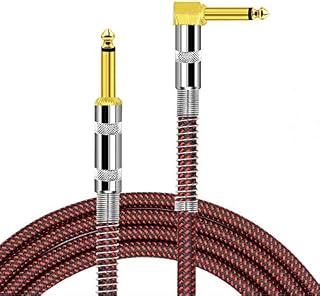 BIGGZ Professional Guitar Lead 3M/10ft, 6.35mm 1/4" Right Angled Nylon Braided Gold Plated Guitar Instrument Cable for Electric Guitar, Bass, Amp, Keyboard, Mandolin, Mixing Desks-STR/ANG (RED)