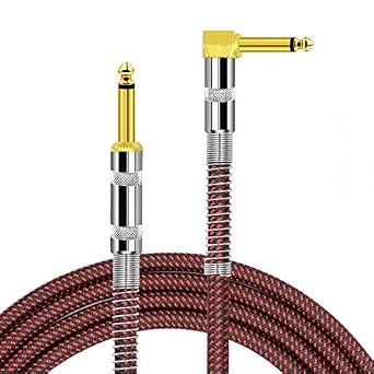 BIGGZ Professional Guitar Lead 3M/10ft, 6.35mm 1/4" Right Angled Nylon Braided Gold Plated Guitar Instrument Cable for Electric Guitar, Bass, Amp, Keyboard, Mandolin, Mixing Desks-STR/ANG RED