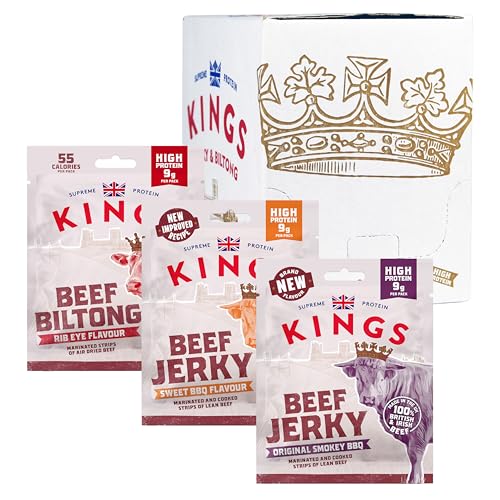 Kings - Beef Jerky And Biltong - Variety Case - High Protein Snacks, Marinated And Cooked Meat - 4 Of Each Flavour - Bulk Box Of 12 X 25 G Packs