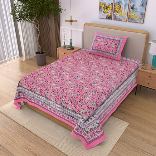 Image of 100% Cotton Single Bedsheet with 1 Pillow Cover | 240 TC Pure Cotton Flat Bed Sheet | Traditional Jaipuri Printed Bedding Set | Soft & Breathable | 60 x 90 Inch (Rangmahal Single 05)