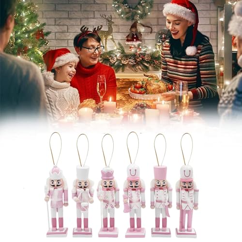 6p 12cm Pink Wooden Christmas Nutcracker Soldiers,Pink Christmas Ornaments,Christmas Tree Decorations Mini Nutcracker Figures Hanging Xmas Figures Puppet Soldiers Gifts Toy for Tree Decorations - Image 3