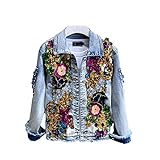 Women Denim Jacket Embroidery Rose Floral Beading Pearl Sequin Patch Epaulet Ripped Hole Bomber Denim Jacket