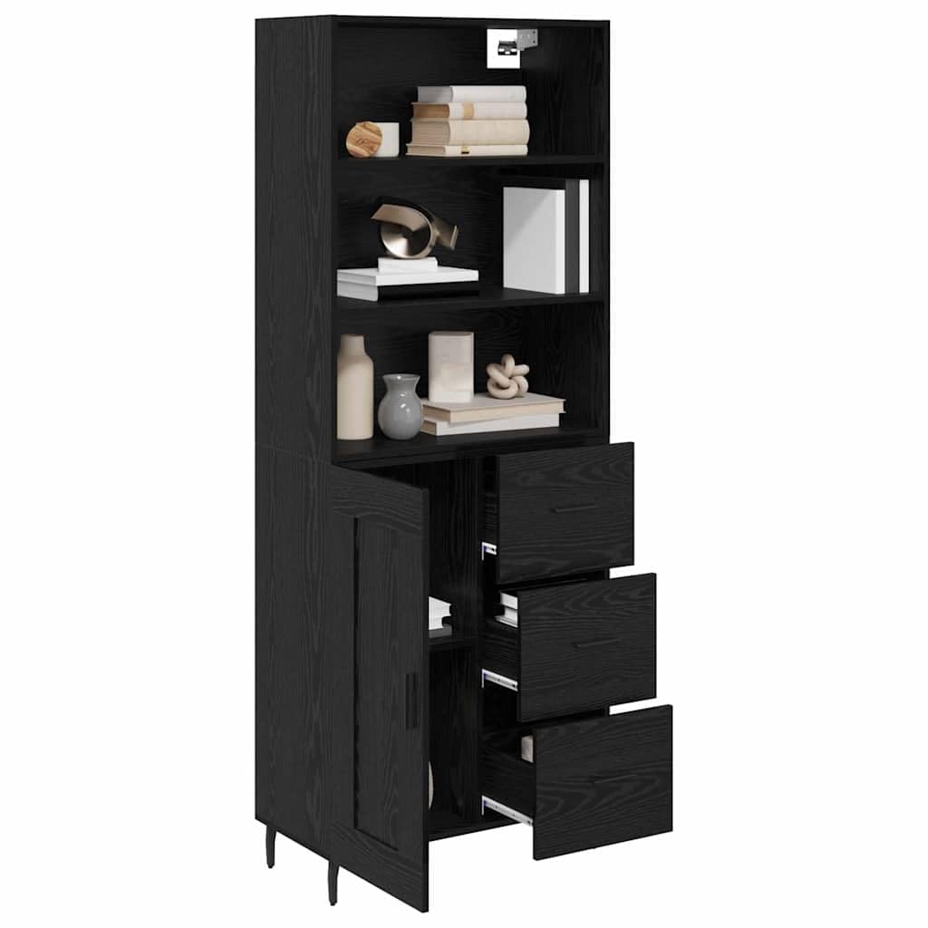 Highboard o wyglądzie czarnego dębu, 69,5 x 34 x 180 cm, nowoczesna kredens do salonu, jadalni, wytrzymałego materiału drewnopochodnego i szkła, z szufladą i drzwiami, wszechstronne