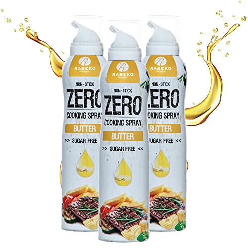 Rabeko Zero spray para cocinar bajo en calorías | MANTEQUILLA | 800 raciones, 2 kcal por pulverización | Spray para freír, asar y hornear | sin aditivos, sin azúcar | 3 x 200ml