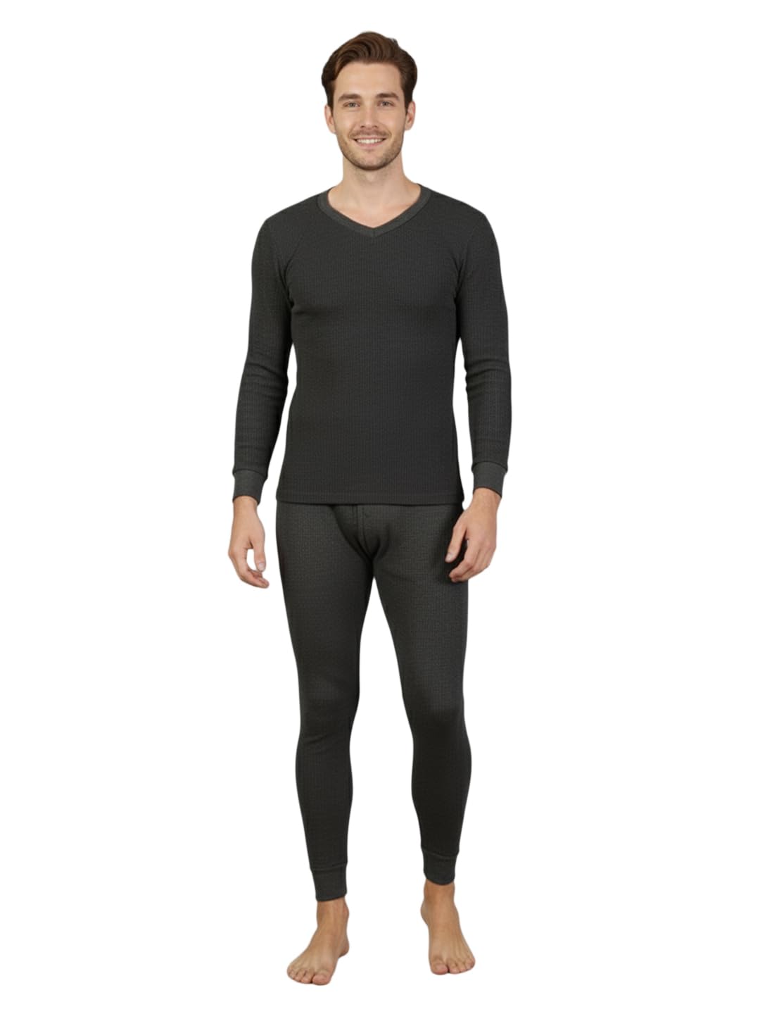 Lux Cozi HEATEK Men's V Neck Full Sleeve Skin Friendly Winter Wear Thermal Top and Bottom Set | Thermal Set for Men | Style 555