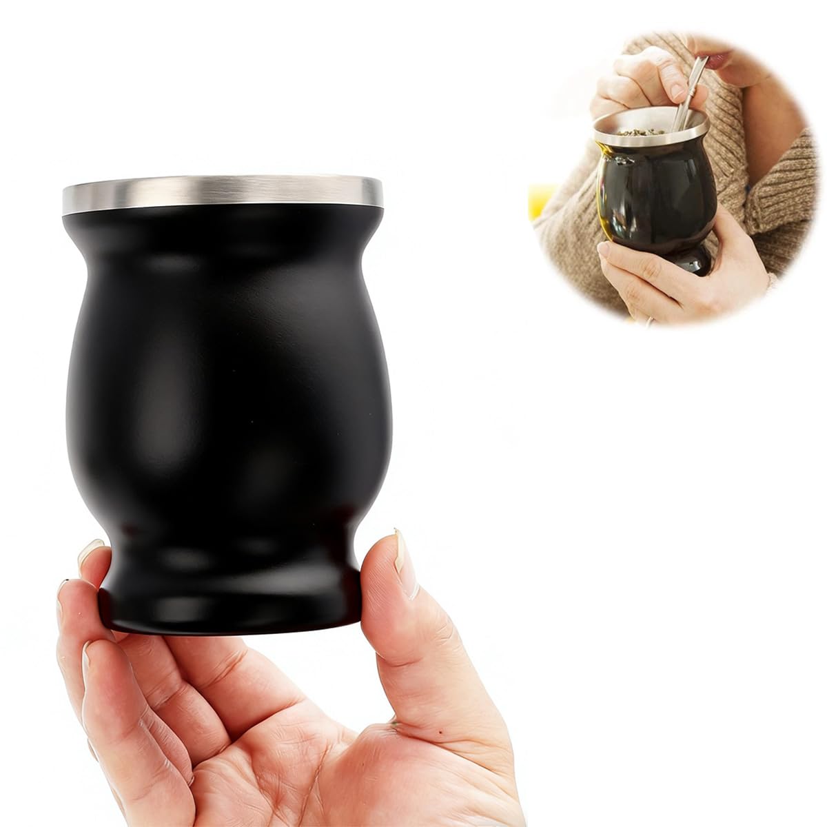 Yerba Mate - Set di tazze da tè in acciaio inox, 226,8 g, include zucca Mate, 2 Bombillas (paglia) e 1 pennello, nero