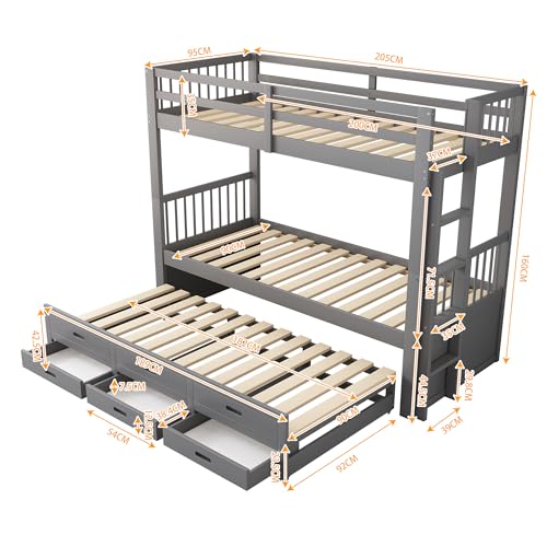 NovaFurnish Litera de 90 x 200 cm, cuna, cama para niños y niñas, estructura de madera de pino y MDF con escalera y cama extraíble y 3 cajones, sin colchón (gris) - imagen 2