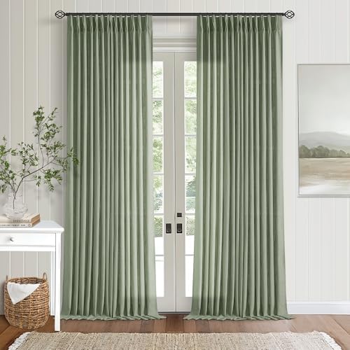 Image of Green Linen Semi Sheer Curtains 90 Inches Long for Living Room Bedroom Light Filtering Sage Green Textured Burlap Pinch Pleated Curtains 90 Length Hooks Rings Back Tab for Sliding Door 2 Panels