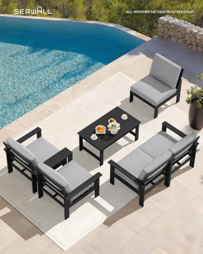 Image of SERWALL HDPE Outdoor Patio Furniture Set Outdoor Couch | All Weather Outdoor Sectional with Coffee Table, Black Frame & Gray Cushions