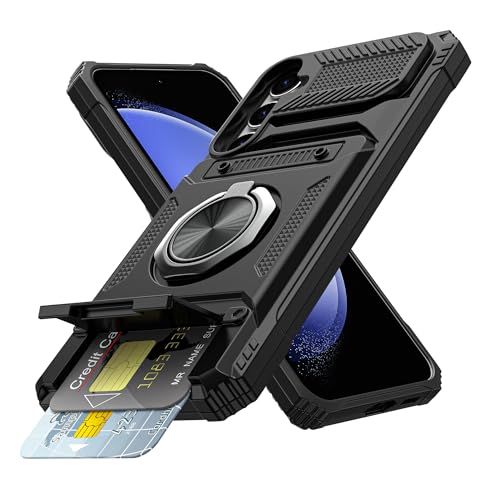 Vofolen for Samsung Galaxy S23 FE Case with Card Holder [Store 2 Cards] + 360° Rotated Ring Kickstand Dual Layer Heavy Duty Shockproof Wallet Cover for Galaxy S23 FE Case for Woman Man, Black