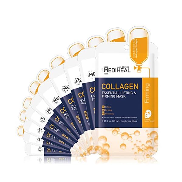 Mediheal Official [Korea's No 1 Sheet Mask] - 10 Pack Collagen Essential Lifting & Firming Mask/Collagen & Peptides & Beta Glucan Contained Anti-Wrinkle and Soothing Facial Mask Sheet