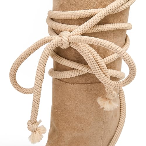 Women's Knee High Boots Suede Lace Up Long Booties Pointed Toe Wedge High Heel Booties Fashion Cone Cowboy Boots for Party Vacation4