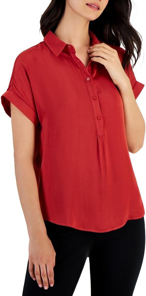 TAHARI T Women's Cuffed Short-Sleeve Collared Top (Fire Brick, X-Large)