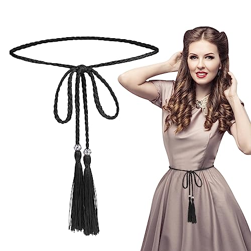 Women's Thin Braided Belt Trendy Boho Thin Belt Waistband Tassel Braided Waist Belt for Skirt Dress (Black)