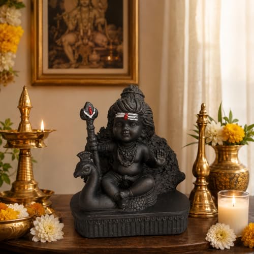Image of eCraftIndia Lord Kartikeya Ji Idol with Peacock for Home Decor | Black Finish Kartikeya Murti | Spiritual Decorative Showpiece for Temple, Living Room & Gifting