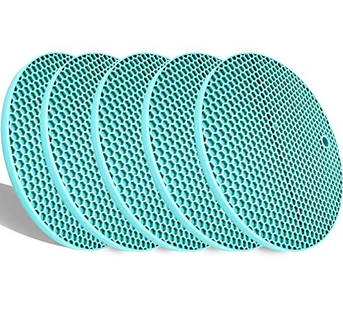 5 Pcs Round Silicone Trivets Pot Holder MatsExtra Thick Heat Resistant Kitchen Countertop MatsHoneycomb Rubber Hot Pads Trivets for Hot DishesFlexible Jar Opener Multi-Purpose Coasters Teal