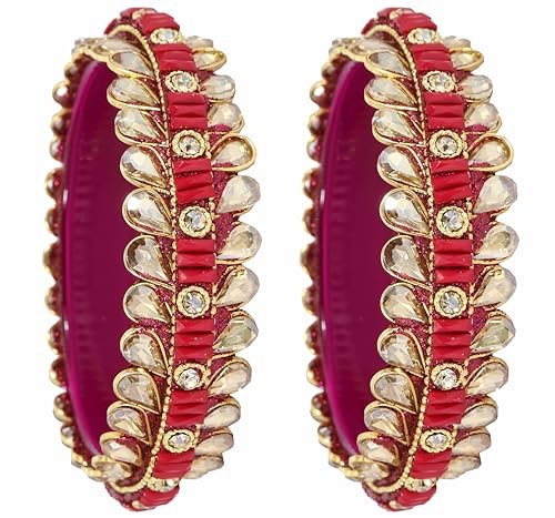 Image of NMII Glass Golden Zircon Stone & Kundan Beads Kada Set For Women & Girls | Fancy Design Kada Bangles | Traditional Look Kangan | Glass Bangles For Women Wedding, Party, Function, Daily use