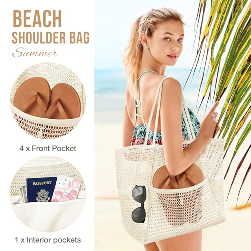 Image of KPX Beach Bag with Mini Pocket, Beach Tote Bags for Women Large Foldable Mesh Swimming Pool Travel Bags - Sandproof