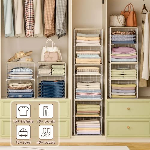 4-Tier Stackable Closet Organizers and Storage, Adjustable Dividers & Wood Top Storage Shelves for Clothes, Wardrobe & Closet Storage Basket Bins/Cube, Space-Saving Closet Organizer System, White by Hencawima - Image 4
